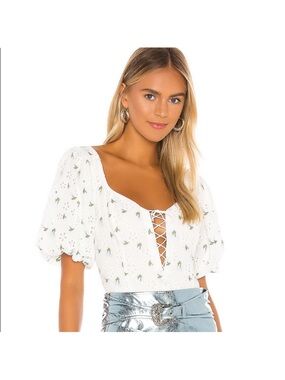 For Love & Lemons White Eyelet Lace-Up Puff Sleeve Bodysuit